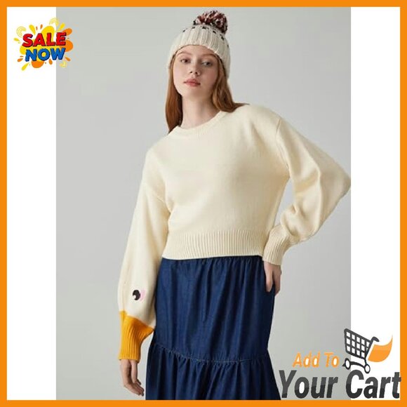 Chunky Cropped Pullover Sweater with Goose Graphic, Acrylic Knit - Picture 3 of 8